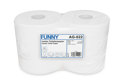 Funny Jumbo tualetes papīrs, 2 slāņi, īpaši balts, diametrs apm. 25 cm, 1 iepakojums (1 x 6 ruļļi)