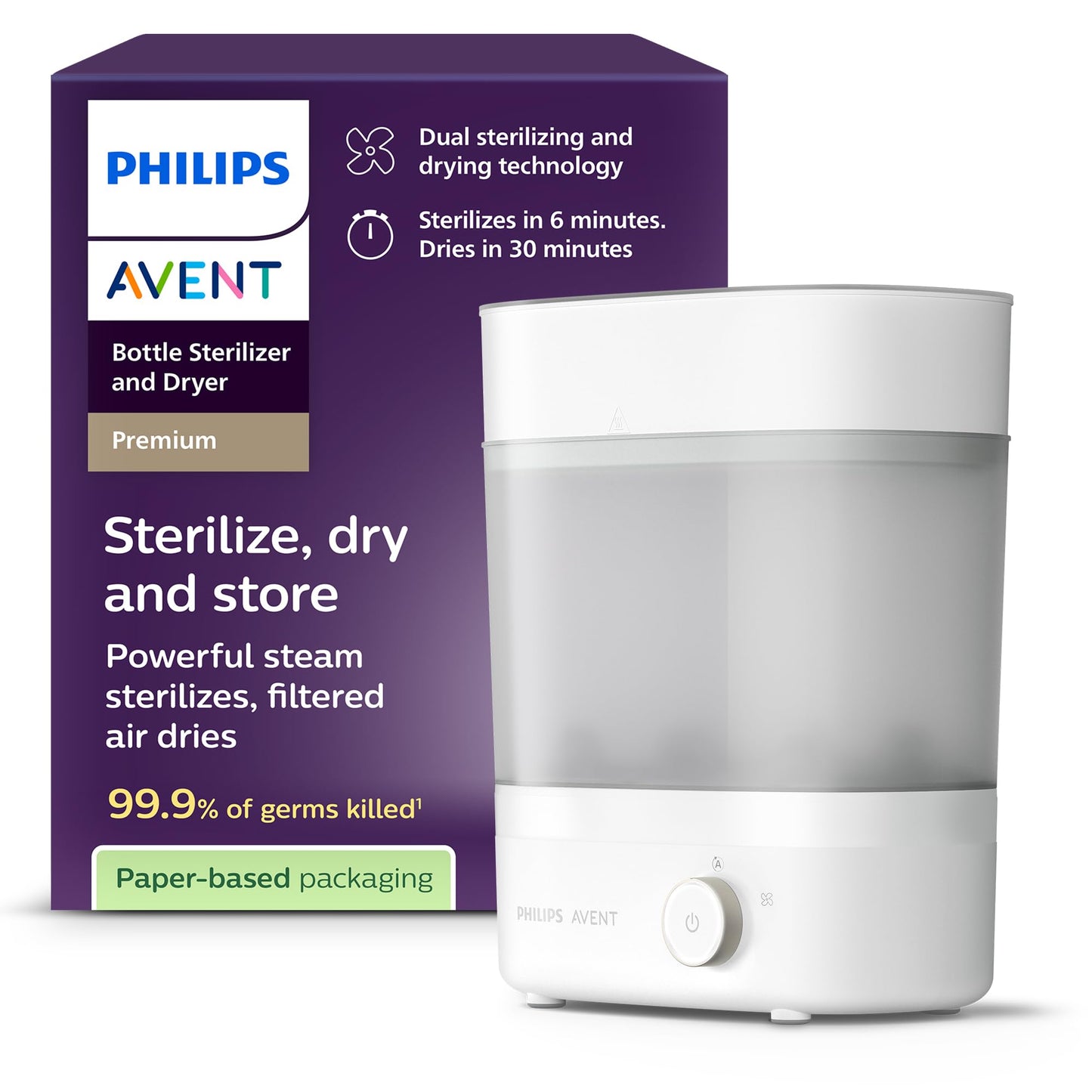Philips AVENT bērnu pudelīšu sterilizators un žāvētājs Premium, iznīcina 99,9% baktēriju, bez ķīmiskām vielām, ietilpība 6 pudelītēm/knupīšiem/piederumiem, modelis SCF293/00