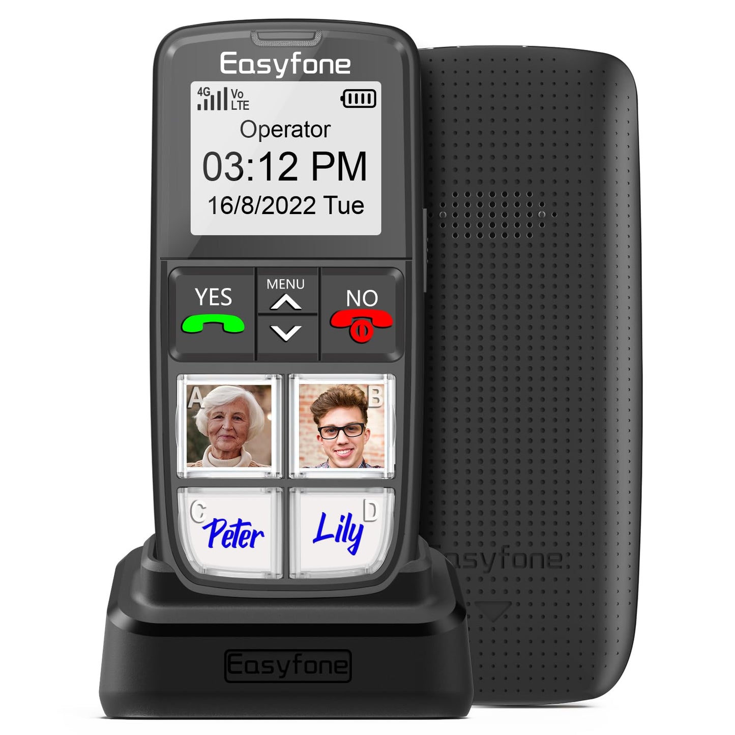 Senioru mobilais telefons Easyfone T6 4G ar lielām taustiņu bildēm, SOS pogu un uzlādes staciju, bez līguma, melns