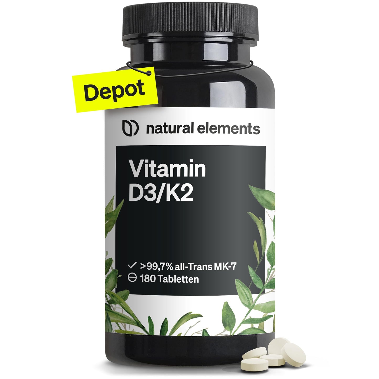 natural elements D3 + K2 Depot 180 tabletes | Premium kvalitāte: K2VITAL® no Kappa | 99,7+% All-Trans K2-MK7 + 5000 SV D3 vitamīns | augsta deva, bez piedevām | laboratoriski pārbaudīta kvalitāte