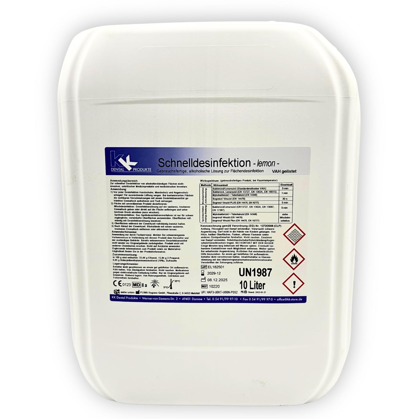 Dezinfekcijas līdzeklis KK Schnelldesinfektion Lemon, 10 L — augstas iedarbības virsmu dezinfekcija pret baktērijām, vīrusiem un sēnītēm, mājai, praksēm un uzņēmumiem