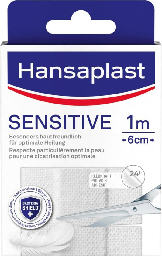 Pārsēji brūcēm Hansaplast Sensitive 1 m x 6 cm, pēc izmēra griežami, ādai saudzīgi ar Bacteria Shield un drošu līmi, nesāpīgi noņemami
