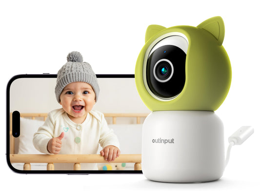 Outinput 2K/4MP WLAN baby monitors ar kameru un lietotni, 360° baby monitor with camera, barošanas atgādinājums, šūpuļdziesmas, krāsainā nakts redzamība, 2 virzienu audio, nakts redzamība, kustības/raudāšanas/temp./mitruma noteikšana