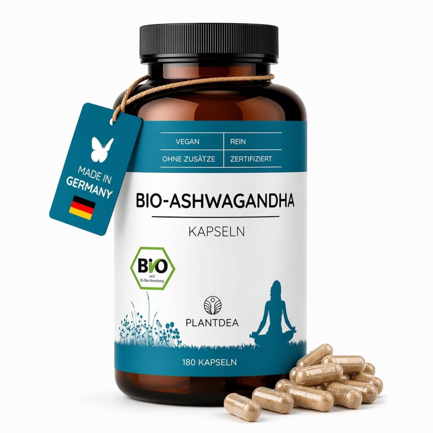 Bioloģiskās ašvagandas kapsulas PlantDEA, 3000mg ašvagandas pulvera 6 kapsulās dienā, 180 vegāniskas kapsulas, bez glutēna, ražots Vācijā