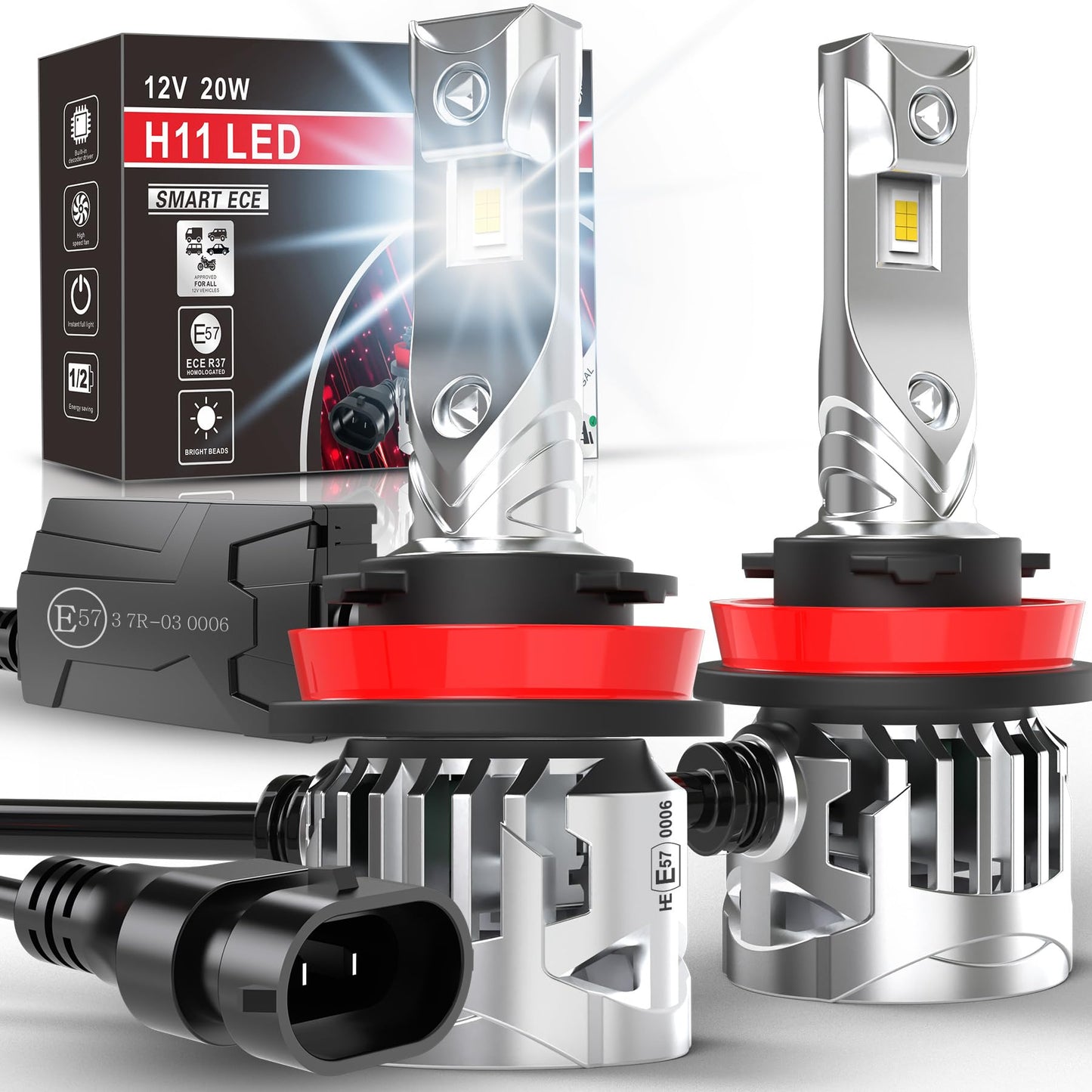 H11 LED spuldze KOHYIER, ar ielas satiksmei atļauju, 6500K balta, UNECE-R37 apstiprināta LED retrofit spuldze, 2 gab.