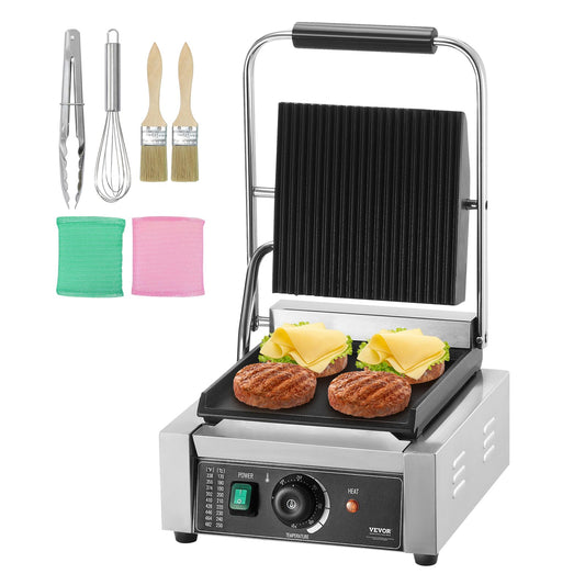 VEVOR komerciālais Panini grils, 1800 W elektriskais sviestmaizes Panini veidotājs, nerūsējošā tērauda sviestmaizes preses grils, Panini grils ar temperatūras regulēšanu un 23 x 23 cm liela plakana emaljas plāksne.
