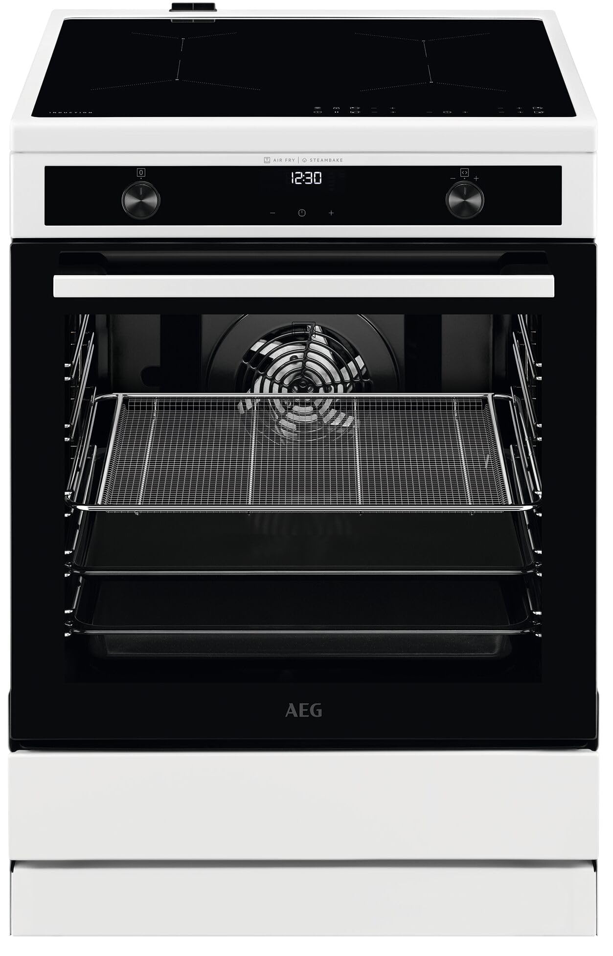 AEG stāvošā plīts ar indukcijas virsmu 60 cm/SteamBake – ar mitruma pievienošanu/Hob²Hood/Touch vadība/grila funkcija/ekrāns ar pulksteni/bērnu aizsardzība/A / CIB6644BBW