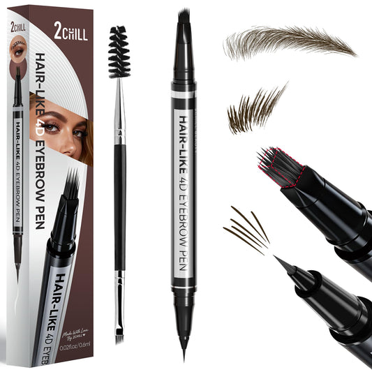 2CHILL uzacu zīmulis 2 in 1, 4D microblading uzacu penis ar smalku galu, ūdensizturīgs un ilgnoturīgs, dabiskas uzacis ar matu līnijām, ar uzacu birstīti un acu laineri (tumši brūns)