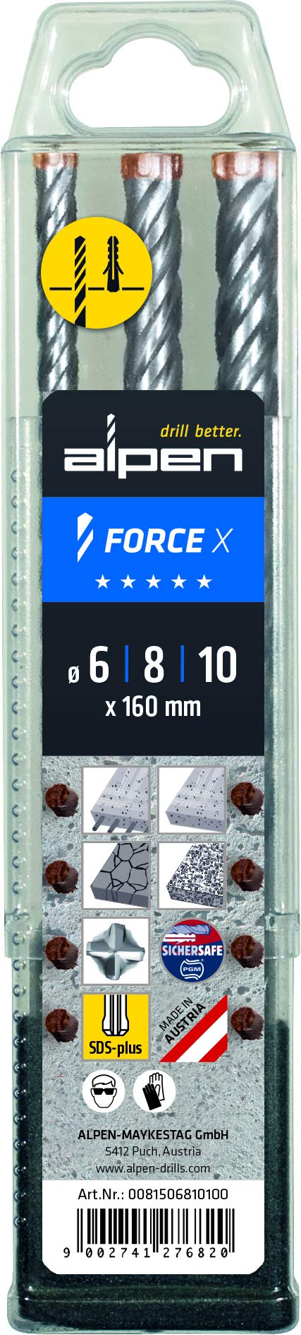 SDS-plus betona urbju komplekts Alpen FORCE X Box, 3 gab., 4 griezumi, Ø 6.0-10.0mm, plastmasas kastē, 0081506810100