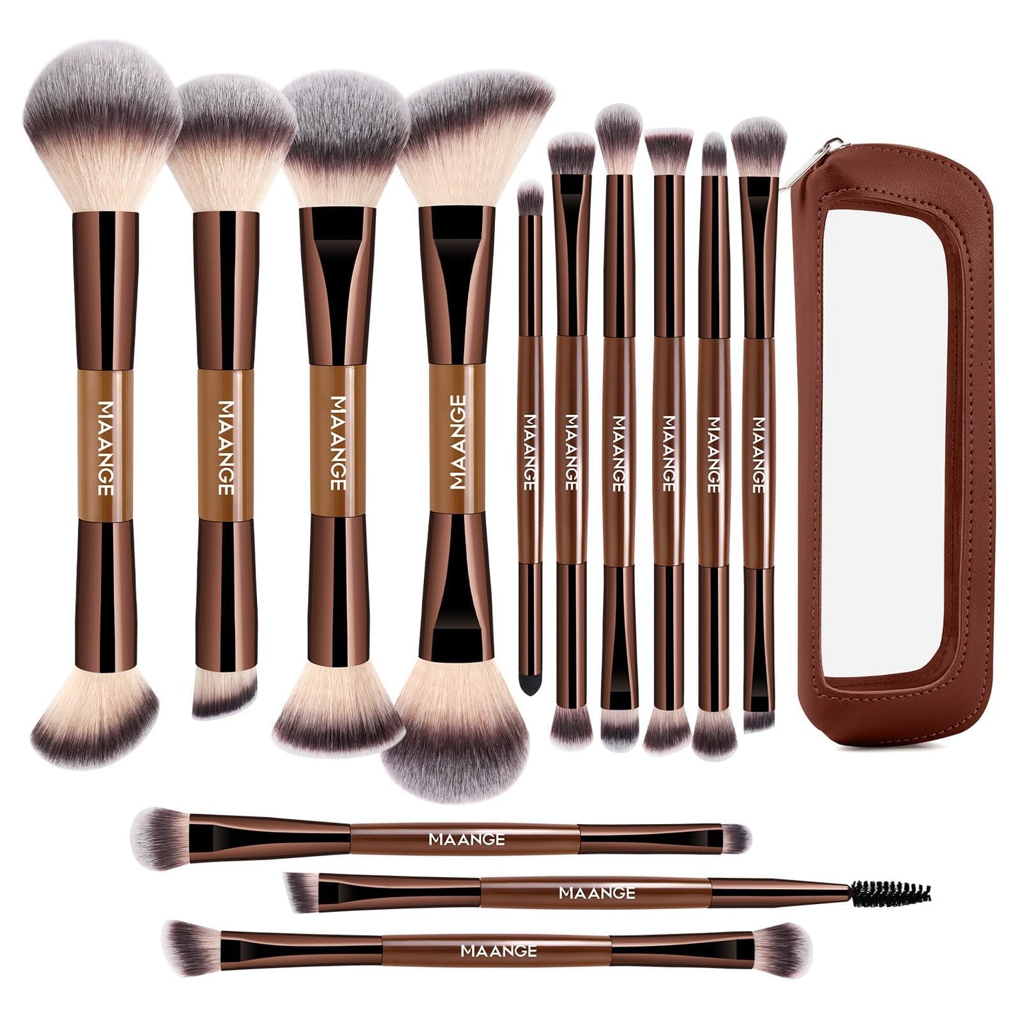 MAANGE 13 daļu make-up otu komplekts ar futrāli – profesionāls ikdienas un ceļojumu grima otu komplekts tonālajam krēmam, pūderim un acu ēnām, divpusēja make-up ota, kafijas zelta krāsā
