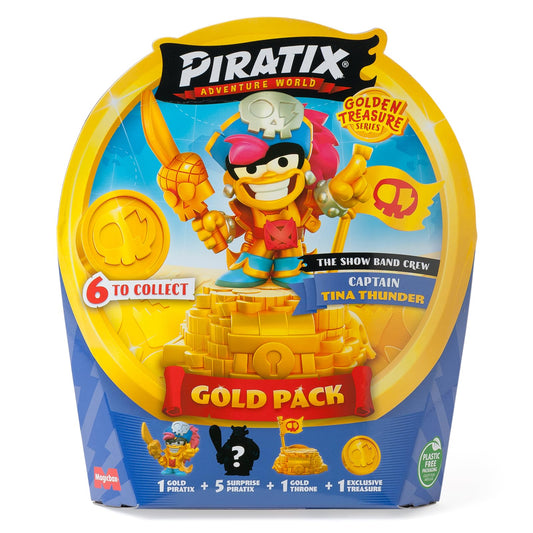 PIRATIX ADVENTURE WORLD Golden Treasure - Gold Pack with 5 surprise pirates, exclusive treasure, flag, pedestal, 6 accessories, King Hat.
