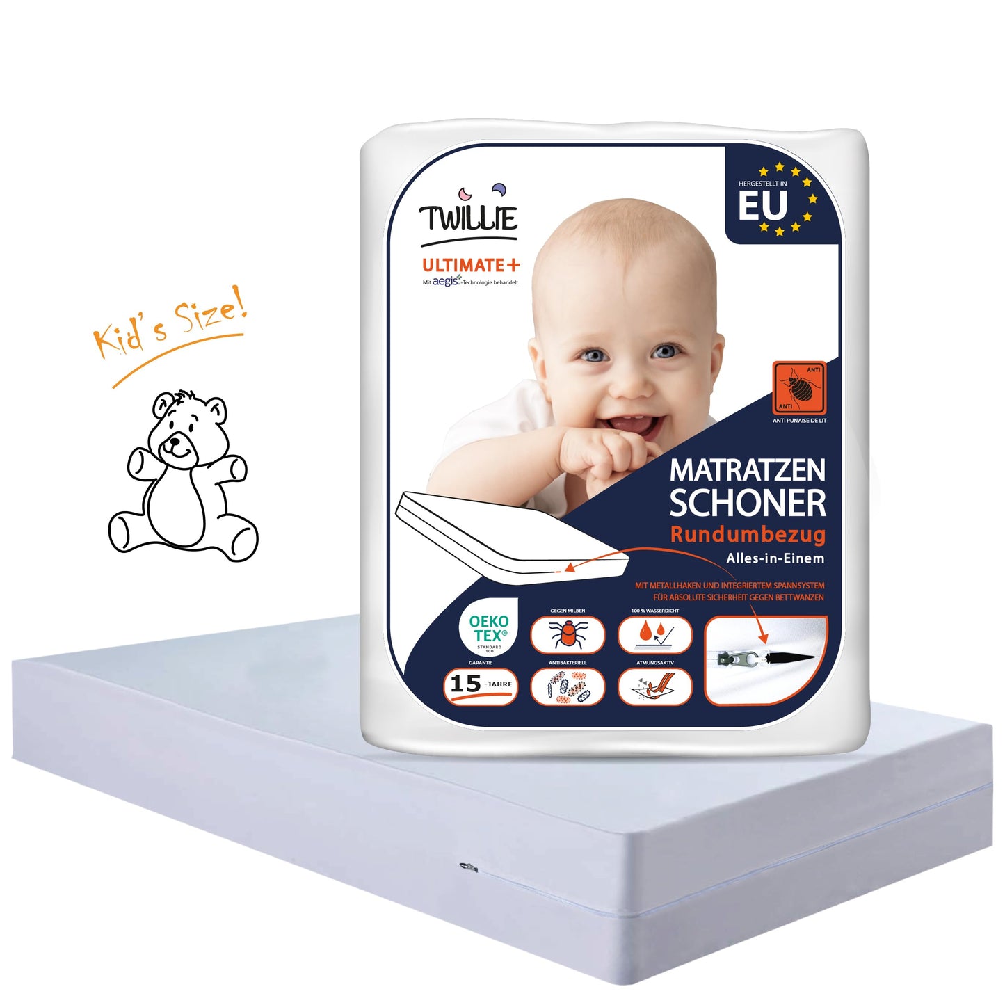 Matracis pārvalks Twillie – pilnīga matrača aizsardzība 60x120x15 cm | augstākā kvalitāte | 100% ūdensnecaurlaidīgs, elpojošs | pret gultas blaktīm un ērcēm | Oeko-TEX® sert. | AEGIS® apstrāde