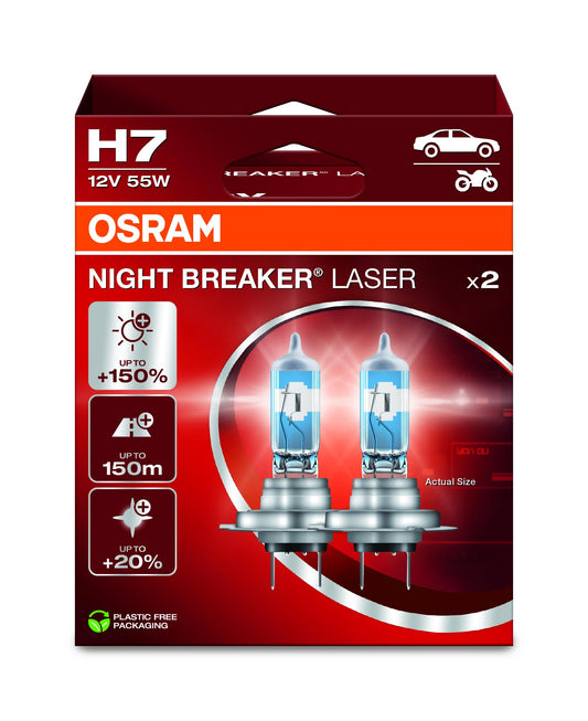 OSRAM NIGHT BREAKER LASER H7, +150% vairāk spilgtuma, halogēna prožektoru spuldze, 64210NL-2HB, 12V PKW, karājošā kaste (2 spuldzes)