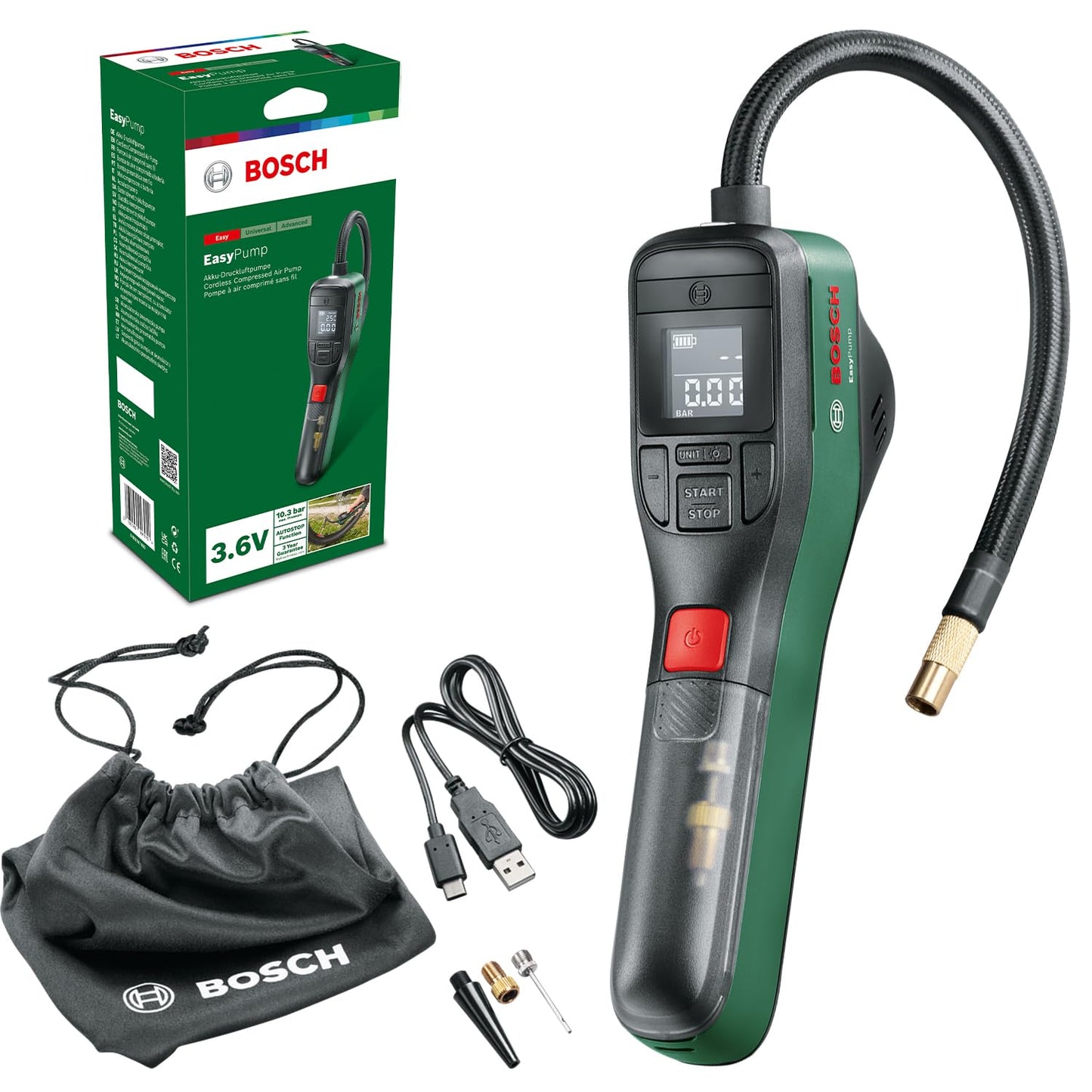 Elektriskais velosipēda pumpis Bosch EasyPump, mini kompresors, 3,0 Ah akumulators, 3,6 Volt, Autostop funkcija, 150 PSI, 10,3 bar, LED, uzlādējams ar USB-C®, kastē