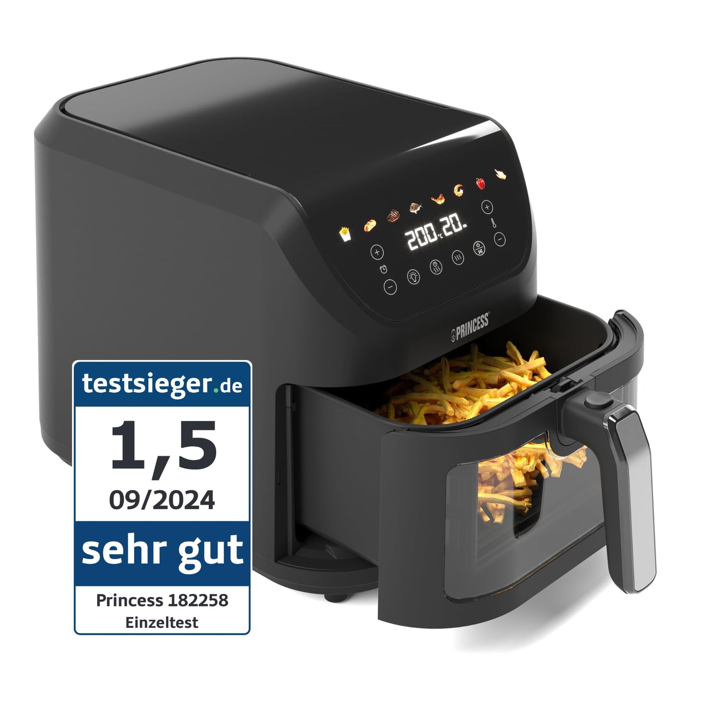 Princess SlimFry Airfryer - 8L, 2000W, 8 cooking programs, space-saving, quiet operation (55 dB), black, window design.