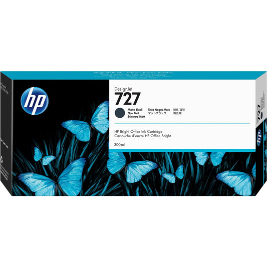HP 727 matēti melna kasetne - 300 ml, lielas ietilpības tinte, saderīga ar DesignJet T2500, T1500, T900 sērijām.