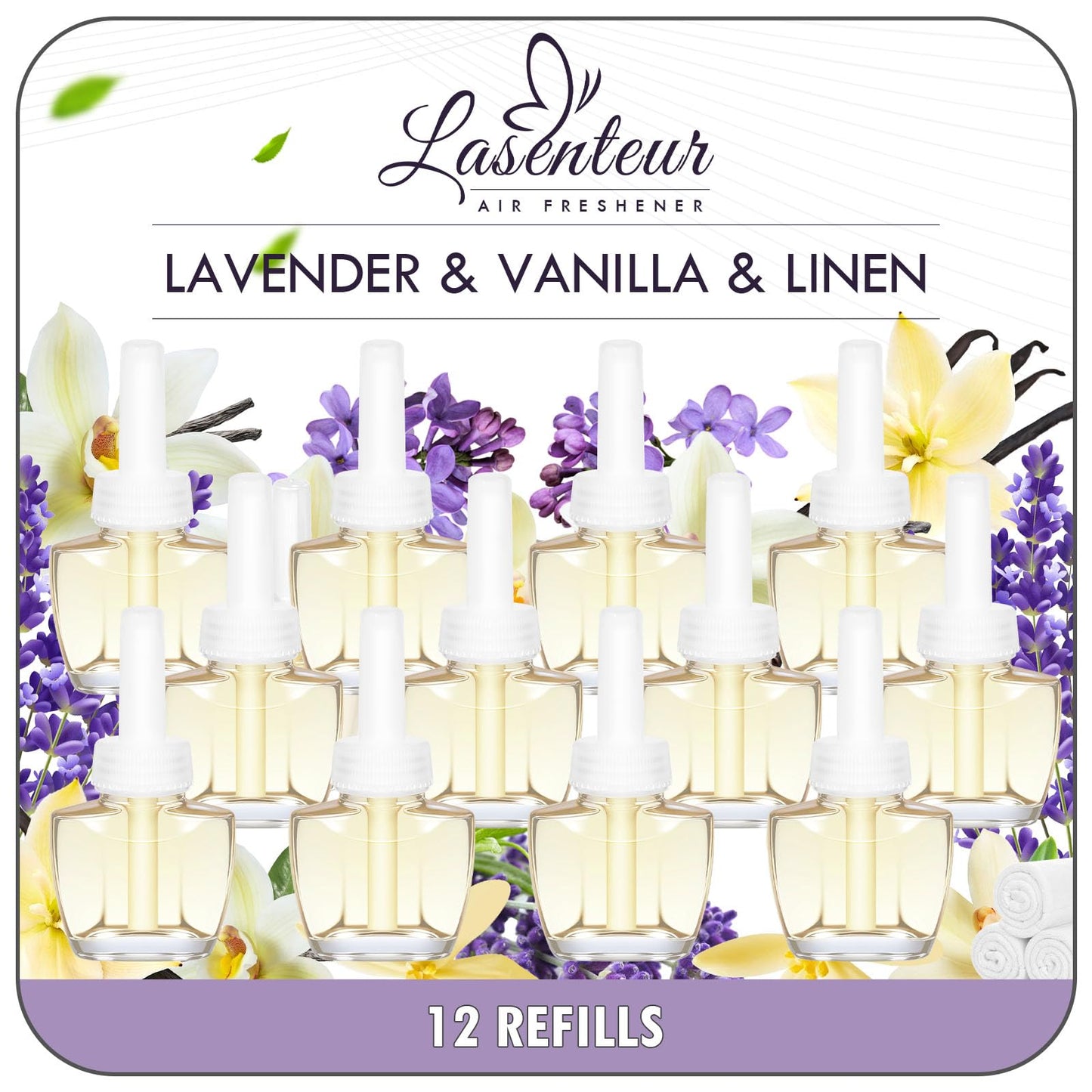 Aromātisko spraudņu uzpildes flakoni LASENTEUR, 12x19ml, saderīgi ar Air Wick un Glade