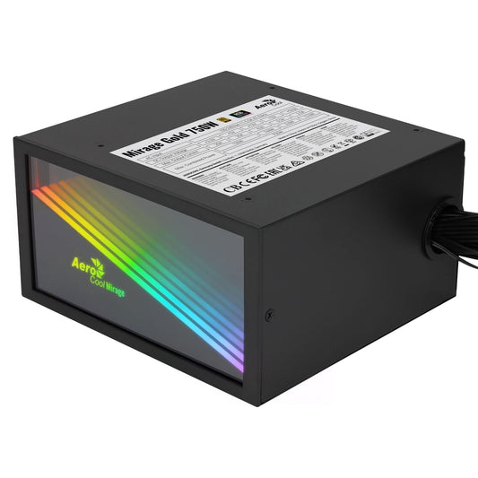 AeroCool MIRAGEGOLD750 - 750W power supply, RGB Infinity Mirror, 80Plus Gold, Japanese capacitors, black design.