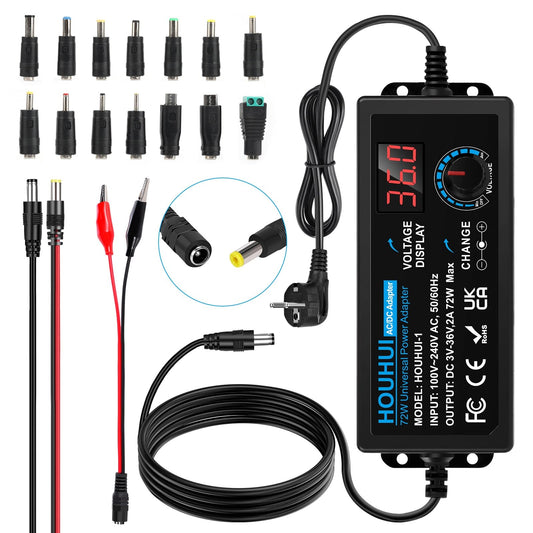 Regulējams barošanas adapteris HOUHUI 3-36V 72W 2A ar LED displeju, 5,5x2,5mm spraudnis