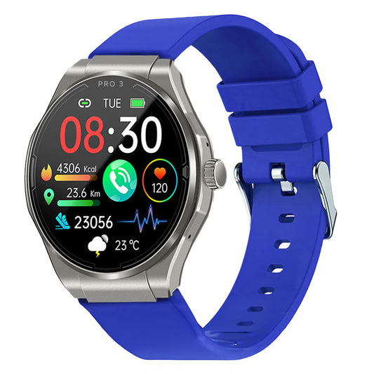 Knauermann PRO 3 (2024) Sudrabs - Veselības pulkstenis ar EKG, HRV, SOS, AMOLED displeju, Bluetooth, zila silikona siksniņa.