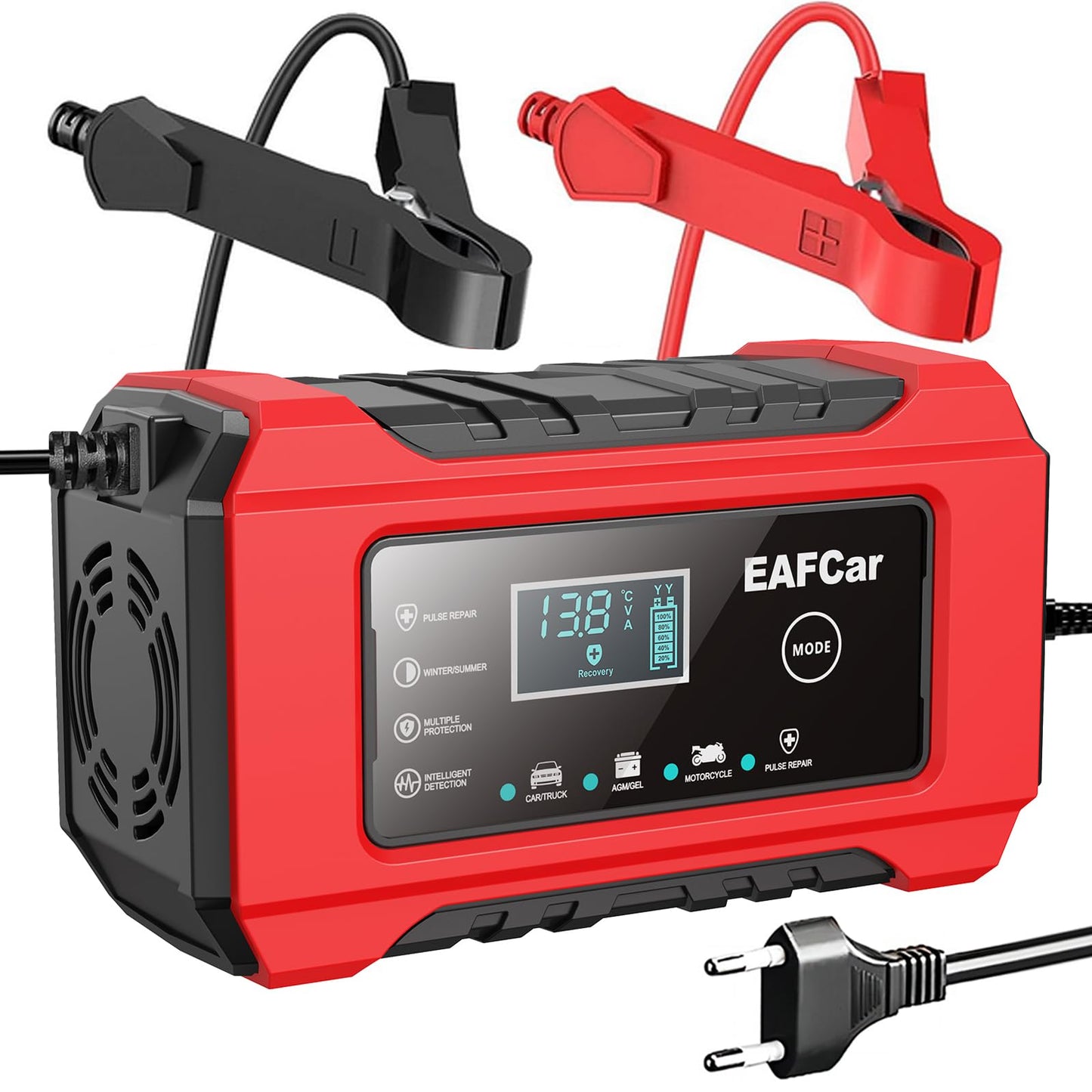 Auto akumulatora lādētājs EAFCar, 6A 12V svina-skābes akumulatoriem, vieds pilnībā automātisks ar LCD ekrānu auto, kravas auto, motociklu, zāles pļāvēju un laivu akumulatoriem