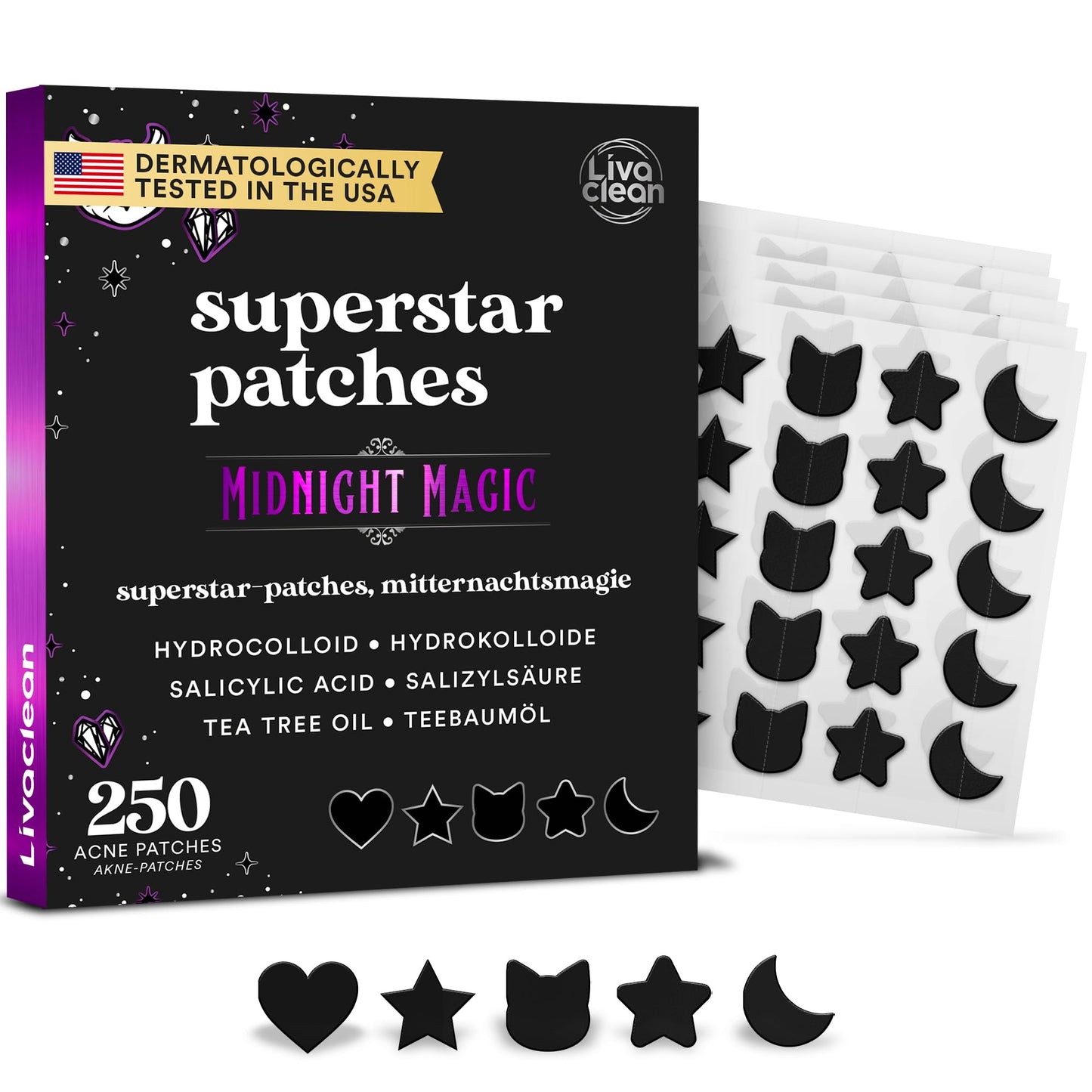 Pūtīšu plāksteri LivaClean 250CT Pickel Patch Sterni Midnight Magic Black ar tējas koku, hidrocoloīda plāksteri sejai, pret pūtītēm