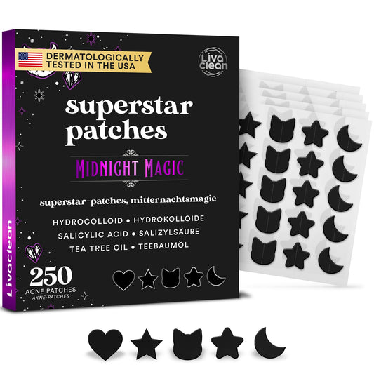 Pūtīšu plāksteri LivaClean 250CT Pickel Patch Sterni Midnight Magic Black ar tējas koku, hidrocoloīda plāksteri sejai, pret pūtītēm