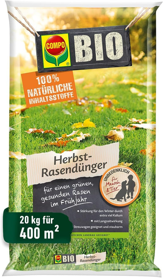 Rudens zāliena mēslojums COMPO BIO, 20 kg, 400 m², zāliena stiprināšanai ziemai un veselīgam zaļumam pavasarī