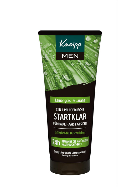 Kneipp MEN 3-in-1 kopjošā duša Startklar vīriešiem, dušas želeja ādai, matiem un sejai, ar ēteriskajām eļļām un citronzāles un guarānas ekstraktiem, 200 ml