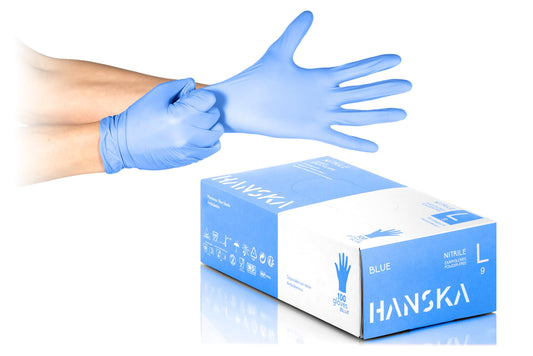 Vienreizlietojamie nitrila cimdi HANSKA 100 Blue, bez pūdera, abpusēji lietojami, nesterili, uz gumijas bāzes, piemēroti medicīnai un pārtikas apstrādei, 100 gab., L