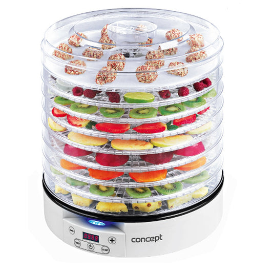 Koncepcija SO2020 Dörrautomat Raw Food 500 W, LCD displejs, 2 x izejvielu paliktņi, maināms termostats 35 – 70 °C, digitālais taimeris, 9 baltie paliktņi, 500