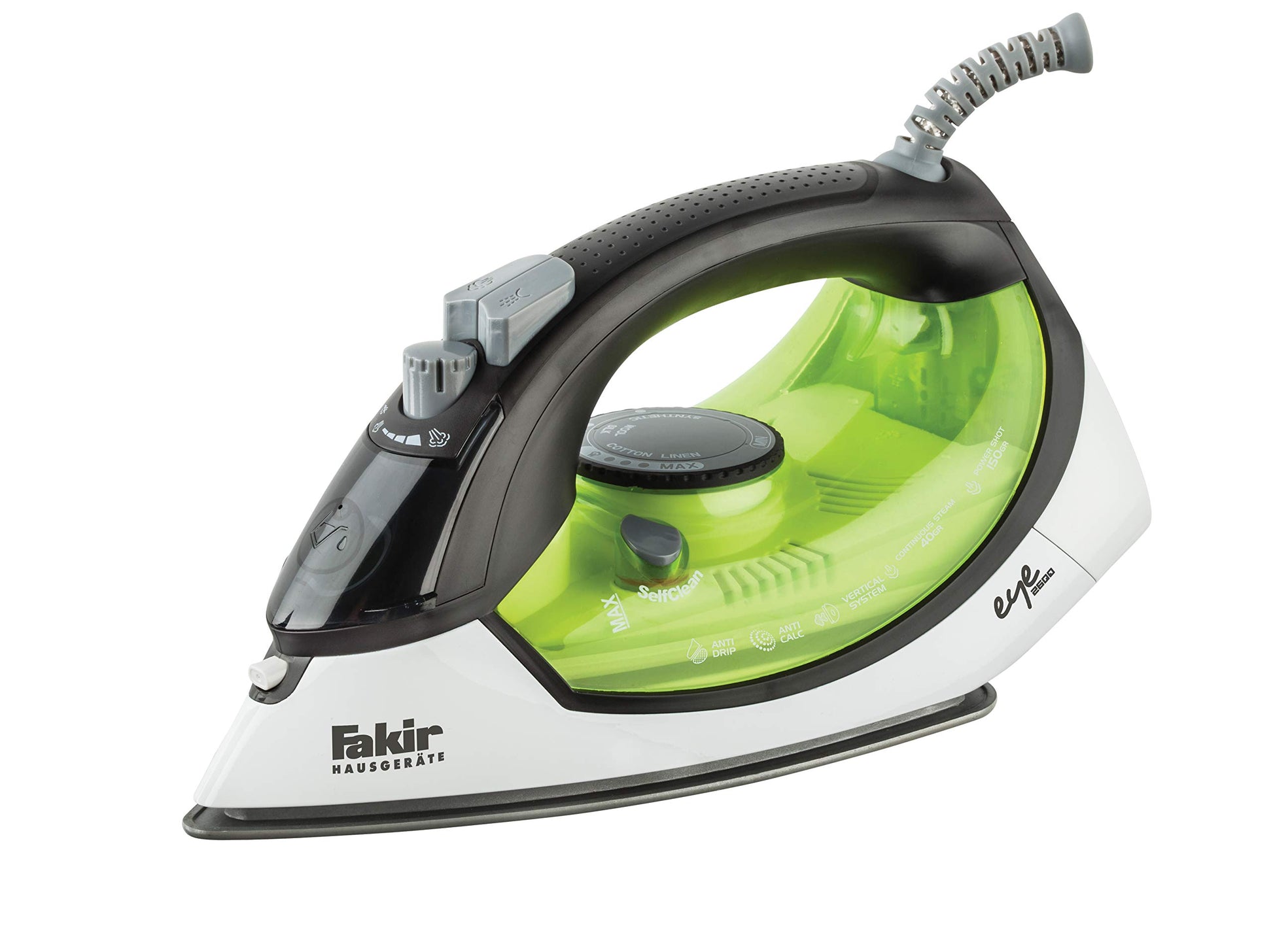 Fakir Eye Steam Iron - Ceramic soleplate, 150g steam boost, self-cleaning, anti-calc, 2600W, green, 14x27.5x12 cm