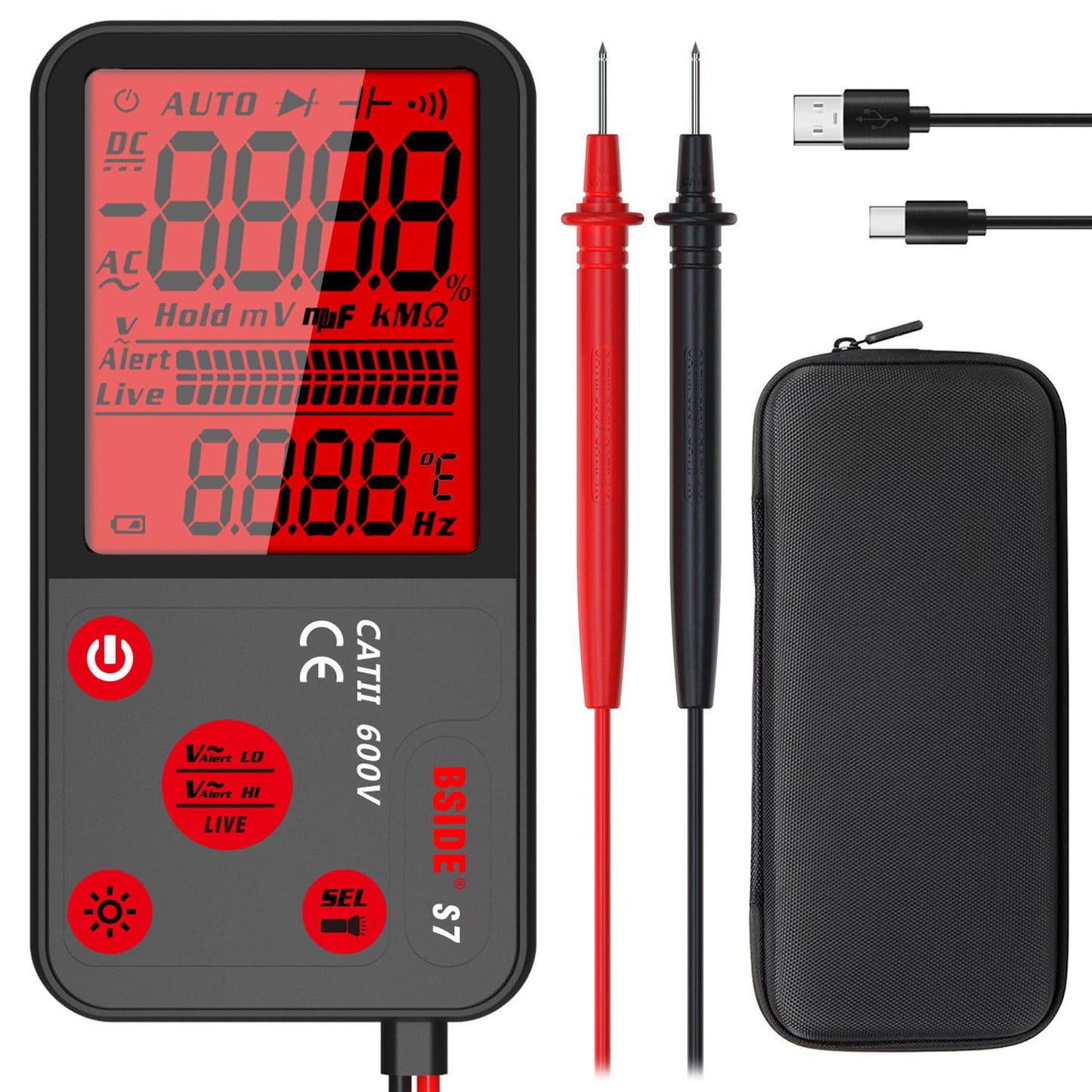 Digitālais multimetrs BSIDE, uzlādējams, ar lielu LCD displeju, kabatas multimetrs, ultra plāns, NCV, AC/DC spriegums, nepārtrauktība, pretestība, frekvenču tests, automātisks sprieguma testers ar maciņu