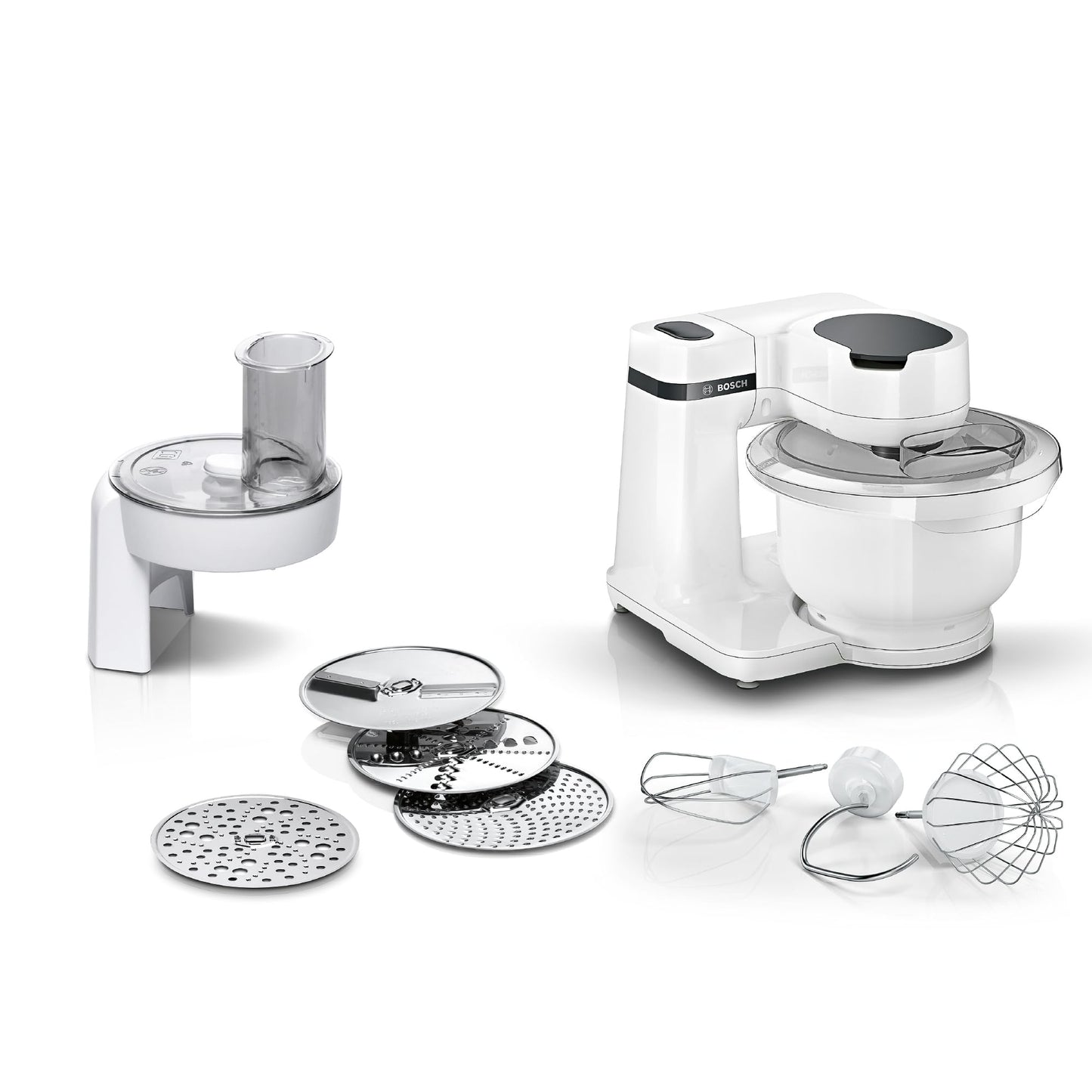 Bosch virtuves kombains sērija 2 MUMS2AW01, 3,8l plastmasas bļoda, caurplūdes griezējs, 4 diski, 4 līmeņi, mīcīšanas āķis/putošanas slotiņa/putošanas slotiņa, mazgājams trauku mazgājamajā mašīnā, 700 W, balts