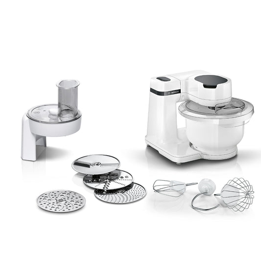 Bosch virtuves kombains sērija 2 MUMS2AW01, 3,8l plastmasas bļoda, caurplūdes griezējs, 4 diski, 4 līmeņi, mīcīšanas āķis/putošanas slotiņa/putošanas slotiņa, mazgājams trauku mazgājamajā mašīnā, 700 W, balts