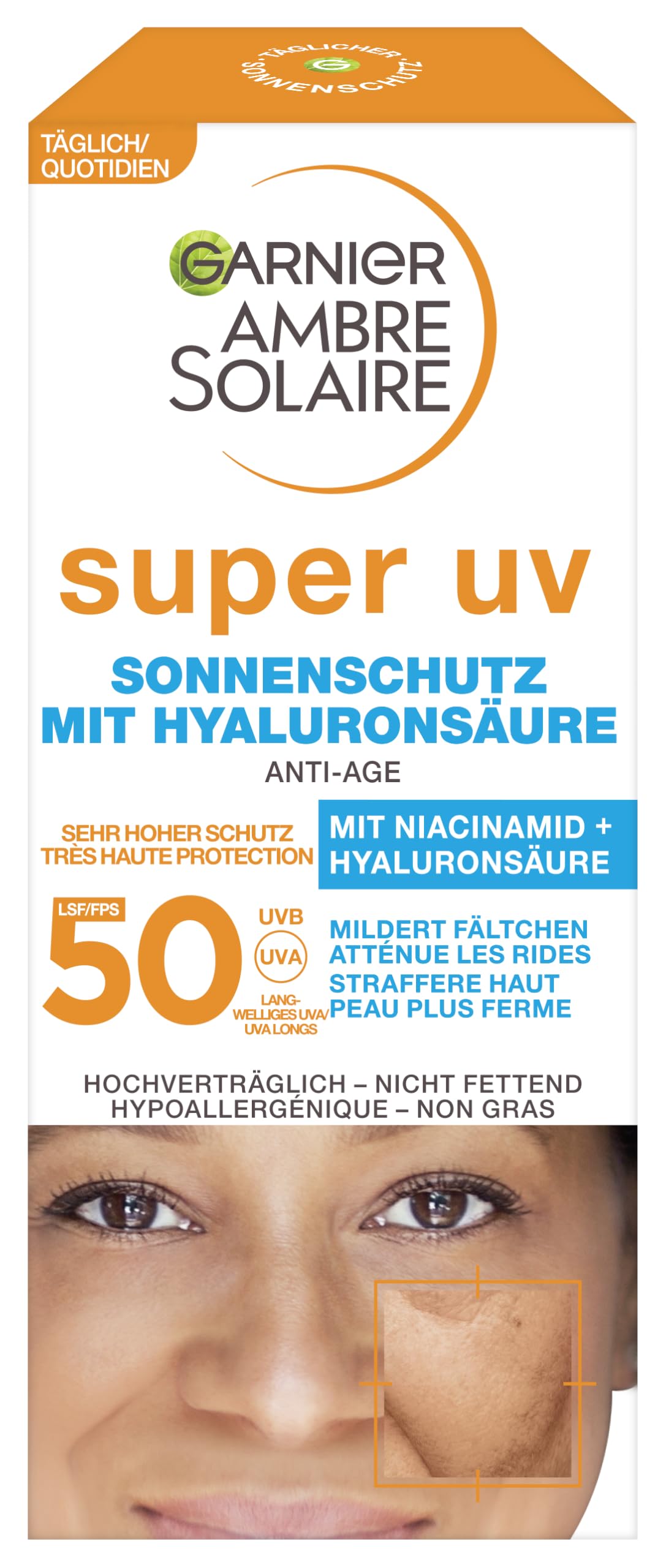 Saules aizsargkrēms sejai Garnier Ambre Solaire Anti-Age SPF 50, ar hialuronskābi un B3 vitamīnu pret grumbām un sausumu, 1 x 50 ml