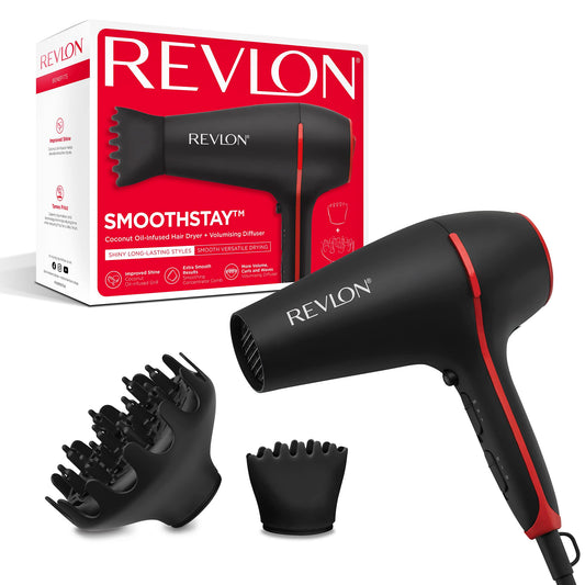 Revlon SmoothStay 2000W matu fēns ar kokosriekstu eļļas infūziju (2000 vati, 2 piederumi daudzveidīgai stilizēšanai: difuzors un koncentratora ķemme, keramikas turmalīna jonu tehnoloģija) - RVDR5317