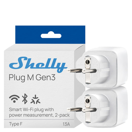 Shelly Plug M Gen3 balts - Wi‑Fi un Matter viedā rozete, enerģijas mērīšana, 13A, 3000W, taimeris, kontaktdakša, viedās mājas spraudnis, Alexa un Google, Apple HomeKit, nav nepieciešams hub (2 gab.)