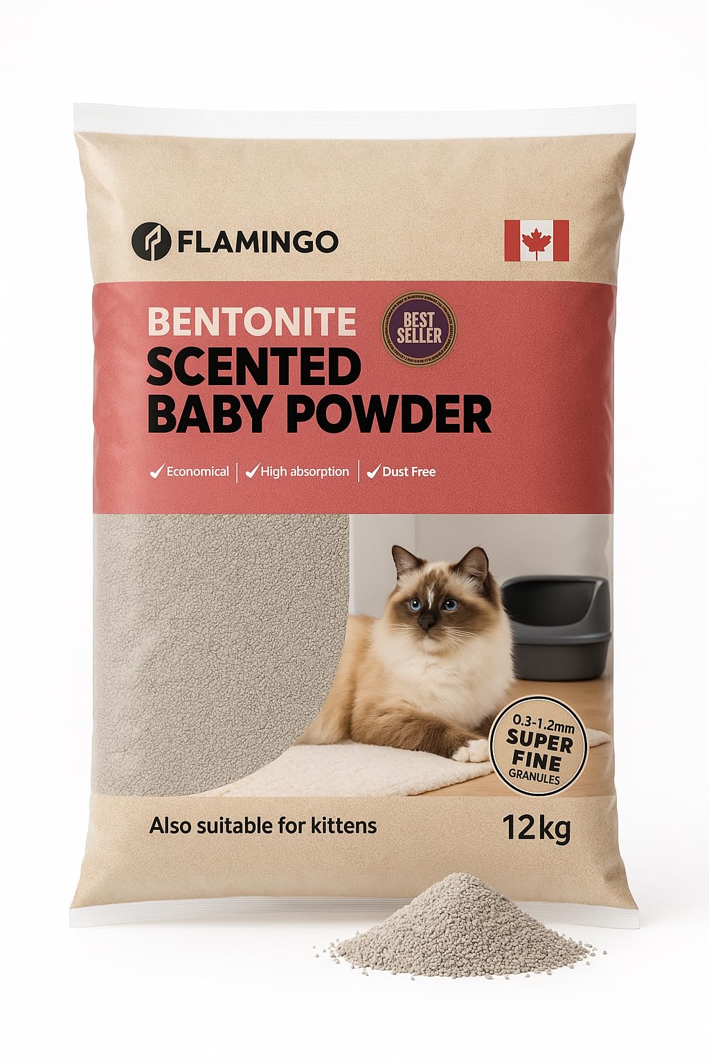 Flamingo klājošas kaķu smiltis ar babypulvera aromātu, 12L (12KG), Kanāda