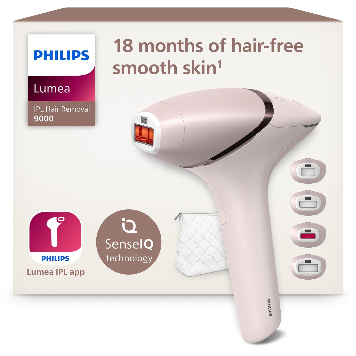 Philips Lumea IPL 9000 sērijas matu noņemšanas ierīce ar SenseIQ tehnoloģiju – alternatīva lāzera matu noņemšanai – 4 uzgaļi ķermenim, sejai, bikini zonai un padusēm, bezvadu (BRI957/00)
