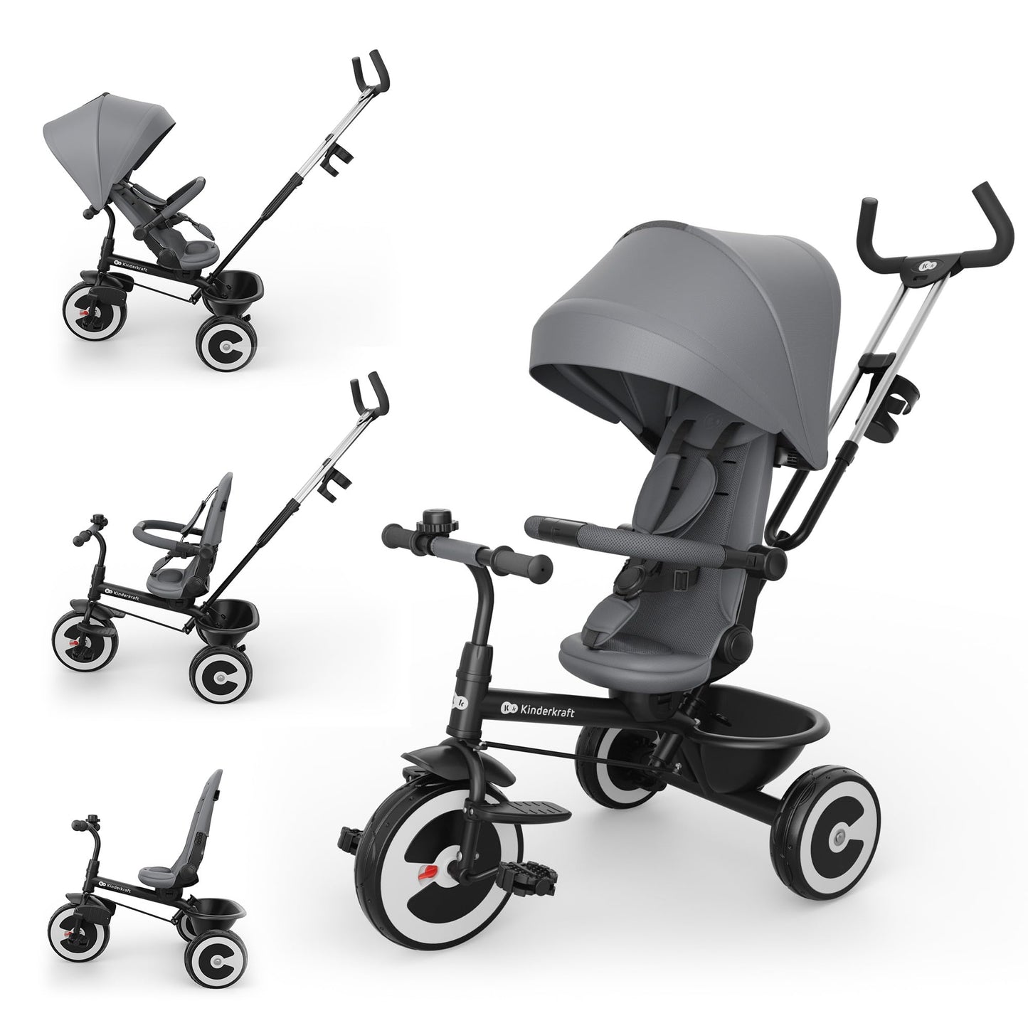Bērnu tricikls Kinderkraft Aston 2 PRO, stumjamais rokturis, 360° sēdeklis, jumtiņš, pelēks