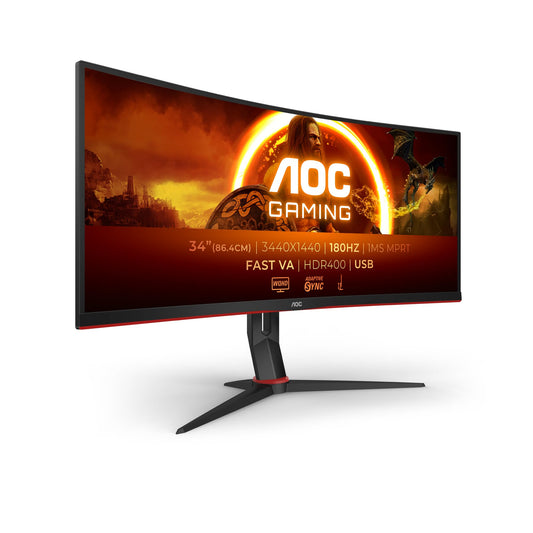 AOC Gaming CU34G2XPD - 34" WQHD curved monitor, 180Hz, 1ms GTG, FreeSync Premium, HDR400, height-adjustable stand.