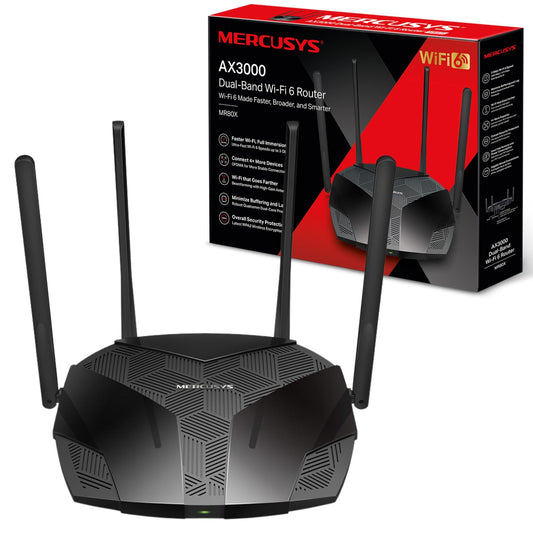 Mercusys AX3000 Dual-Band Wi-Fi 6 maršrutētājs | 2402 Mbps (5 GHz) + 574 Mbps (2,4 GHz), augstas ātruma bezvadu spēļu maršrutētājs Xbox, PS4, Steam un 4K straumēšanai, 160 MHz kanāls, 3 Gigabit LAN porti (MR80X)