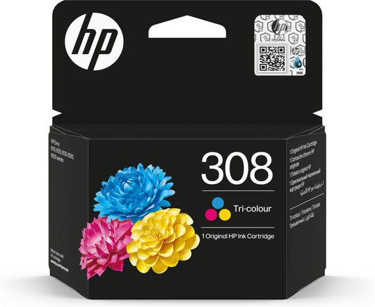 HP 308 oriģinālā printera kasetne - zila, magenta, dzeltena, augstas kvalitātes tintes, ideāla drukāšanai.