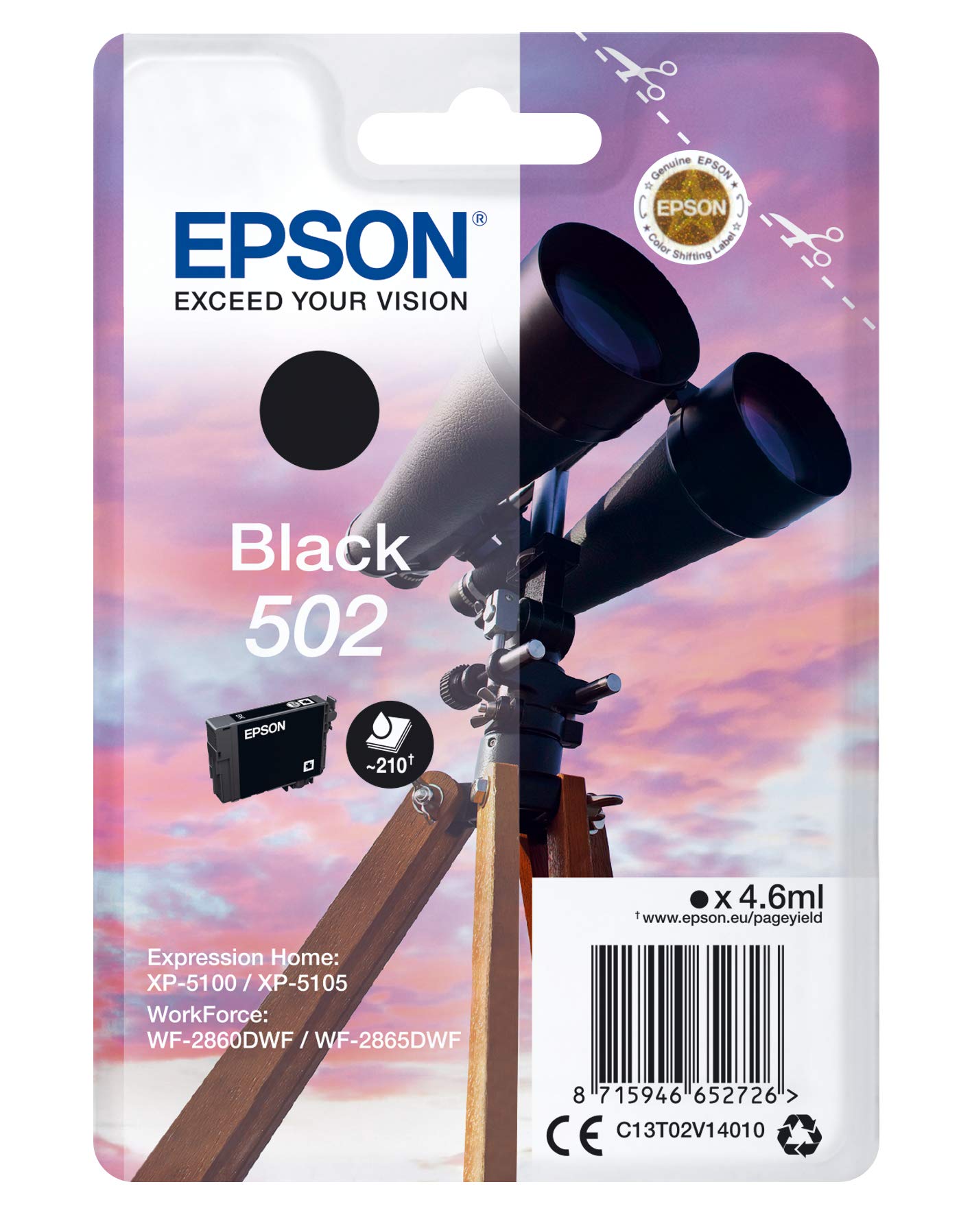 Epson Singlepack Black 502 Ink - Original pigment ink cartridge for inkjet printing, black, 1 piece, standard size.
