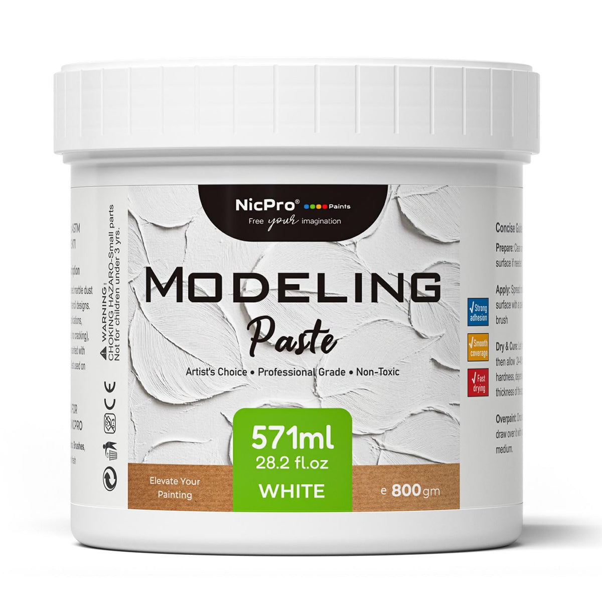 Akrila tekstūrpaste Nicpro 571 ml, augsta blīvuma smalka balta modelēšanas pasta