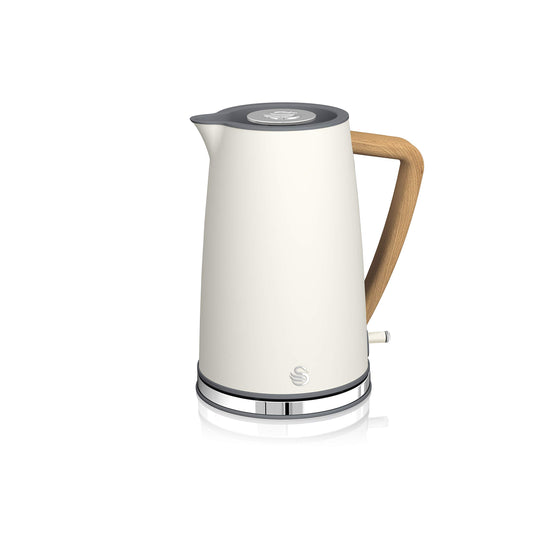 Swan Nordic Ultra ātrs elektriskais tējkanna - bezvadu, 1,7 l, 2200 W, koka izskata rokturis, automātiska izslēgšanās, balts