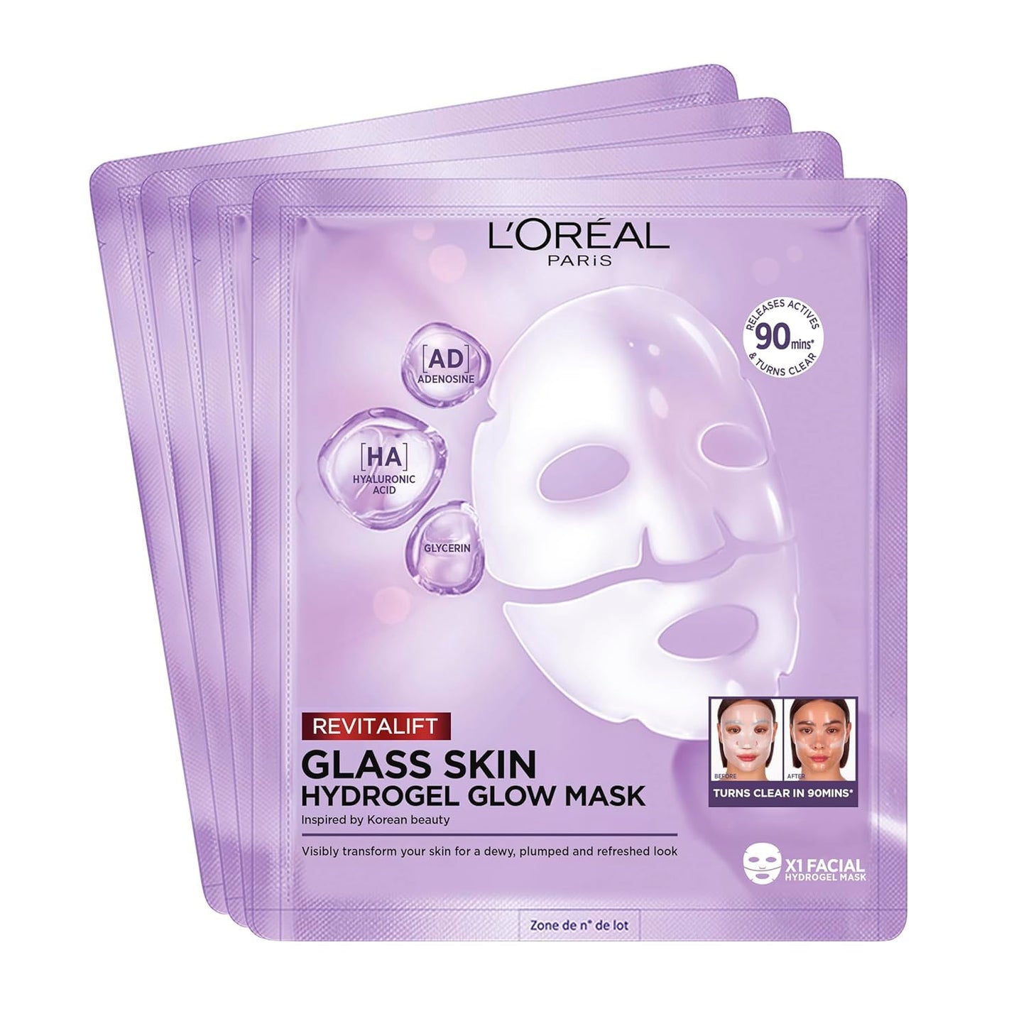 Sejas masku komplekts L'Oréal Paris Revitalift Filler Glass Skin Hydrogel, 4 gab., ar hialuronskābi, mitrinoša un izlīdzinoša, 100g