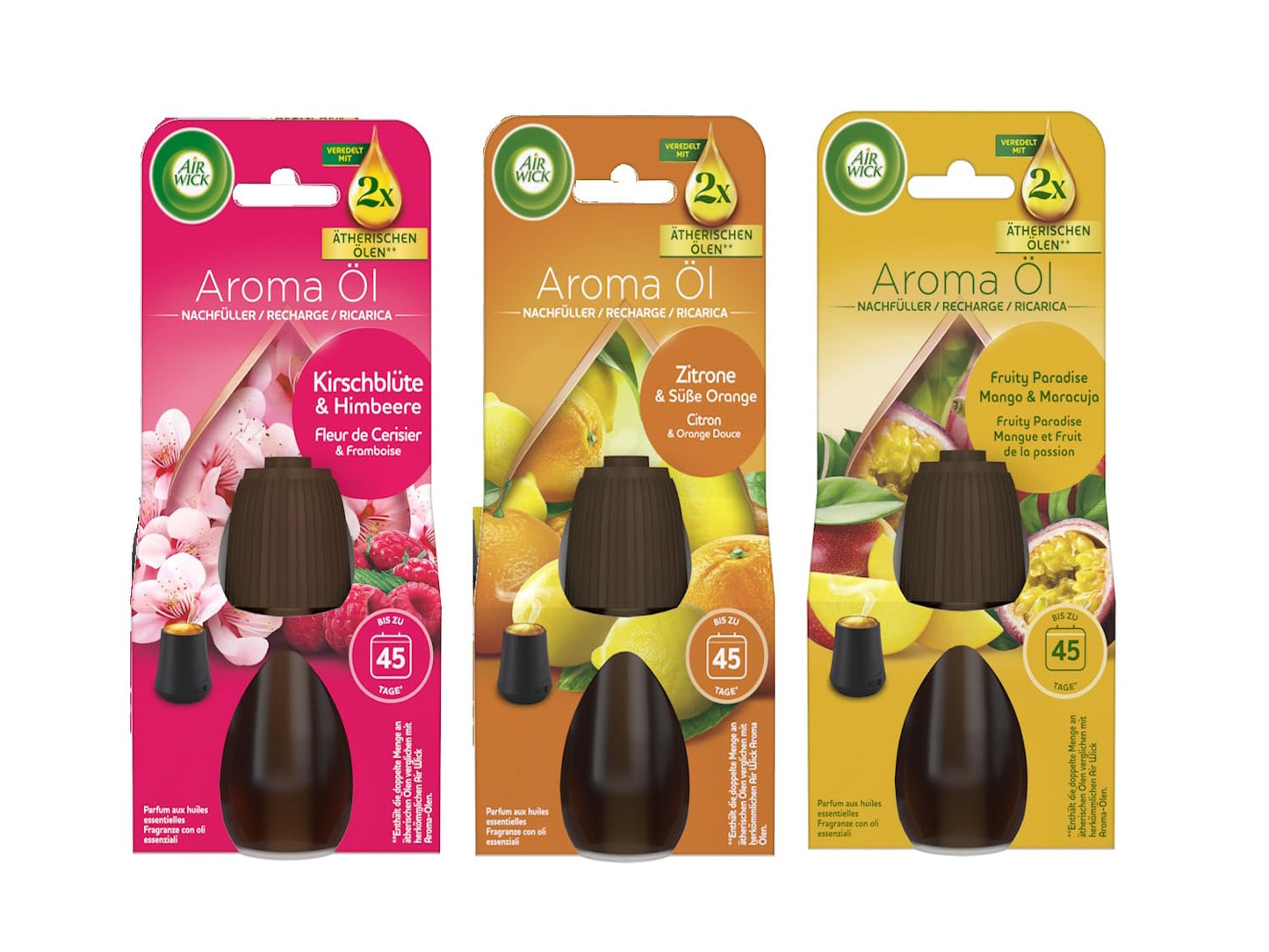 Aromātiskās eļļas uzpilde Air Wick Aroma-Öl, pavasara maisījums, 3 x 20 ml, ķiršu ziedi un avene, citrons un saldais apelsīns, mango un marakuja