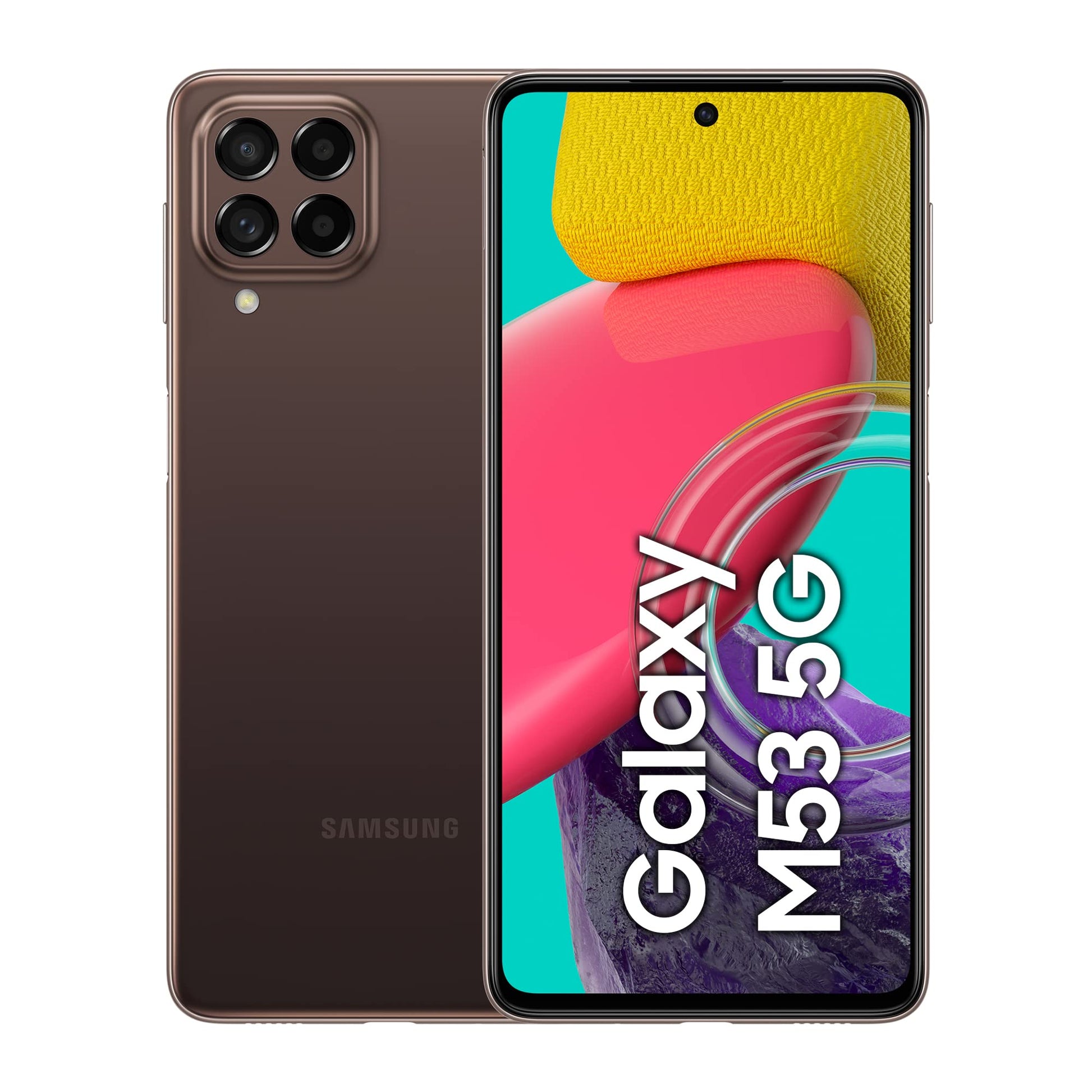 Samsung Galaxy M53 5G - 6.7" Infinity-O display, 5000mAh battery, 6GB RAM, 128GB storage, Dual-SIM, brown color.